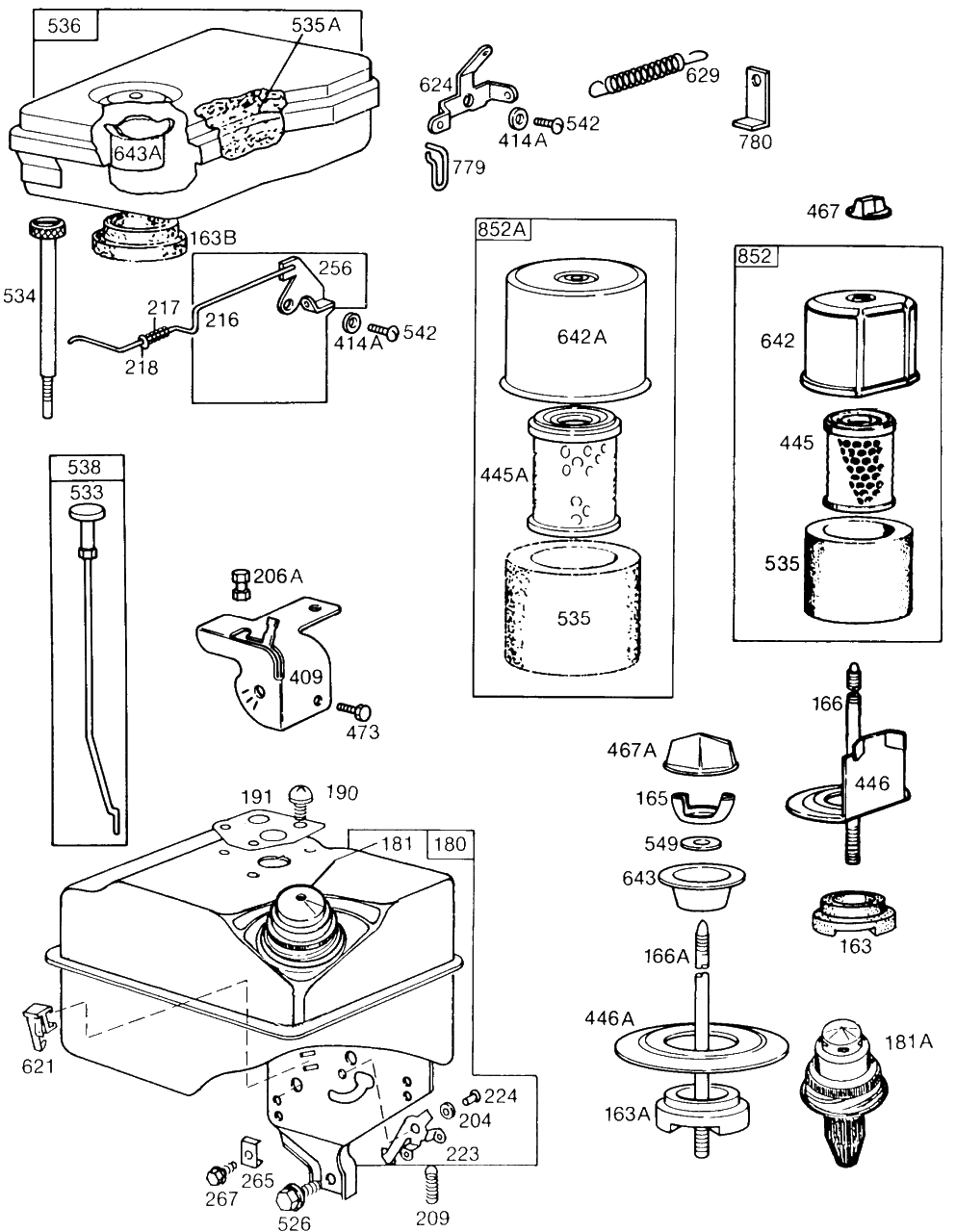 Air Cleaner Groups,fuel Tank Diagram and Parts List for 131232-0256-XX  Briggs and Stratton Engine